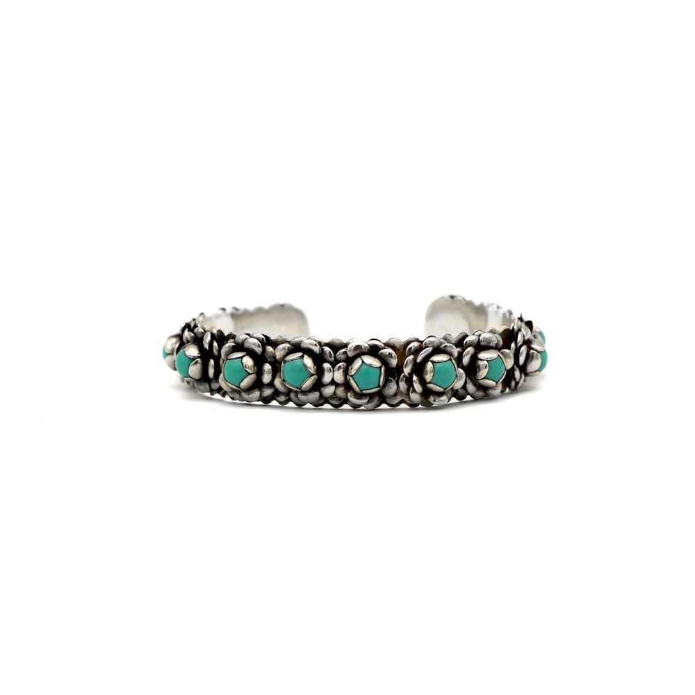 Native American Sterling Silver Flower Motif Snake Eye Turquoise Cuff Bracelet
